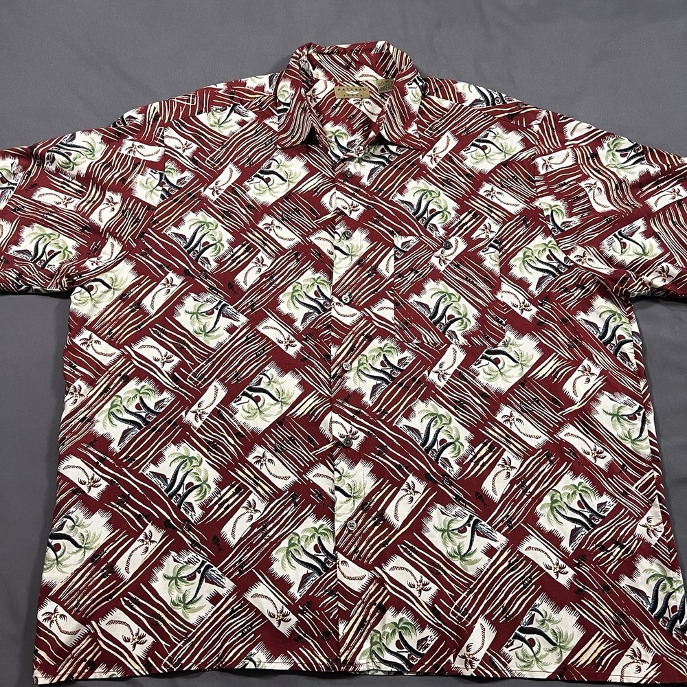 Vintage Natural Issue Button Up Short Sleeve Hawaiian Shirt XL‎ Palm Trees Red